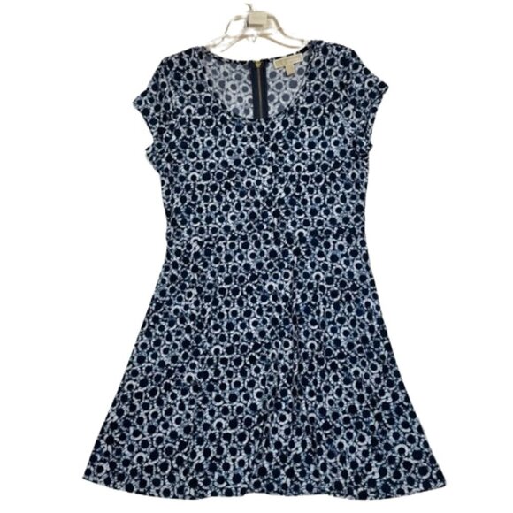 Michael Michael Kors Blue Circle Print A-Line Dress L | Cap Sleeve Gold Zip - Picture 3 of 13